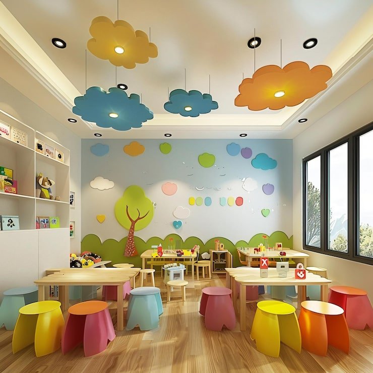 room with wall colorful chairs sign that saysno parkingon it_131346 17427 1